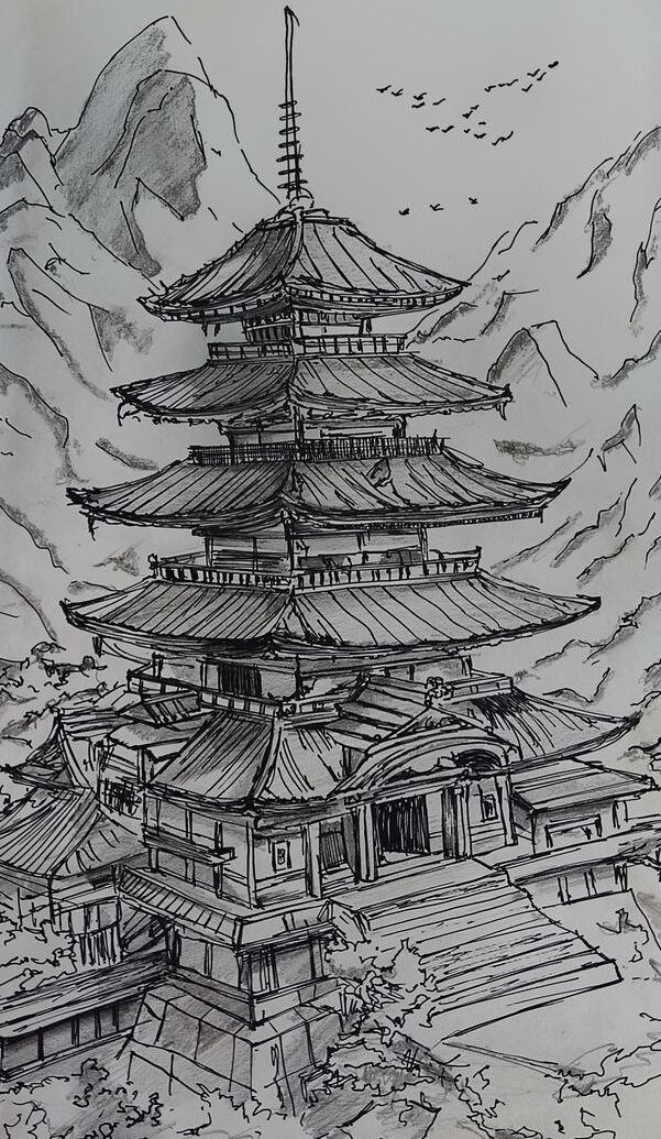 _ 30 Illustration of a traditional Japanese pagoda surrounded by mountains and flying birds, showcasing intricate architectural details. | Sky Rye Design Illustration of a traditional Japanese pagoda surrounded by mountains and flying birds, showcasing intricate architectural details.
