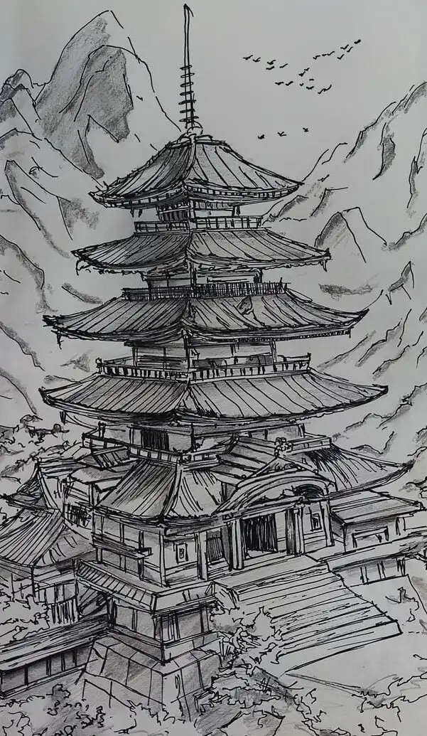 Illustration of a traditional Japanese pagoda surrounded by mountains and flying birds, showcasing intricate architectural details.