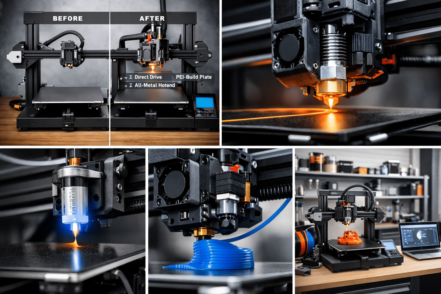 Collage of 3D printers with upgrades: direct drive, PEI build plate, all-metal hotend. Featuring close-up of blue and orange filament printing.
