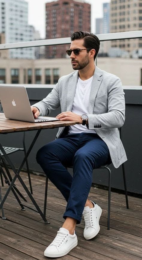 Man in casual blazer and sunglasses working on a laptop at an outdoor cafe, surrounded by urban buildings.