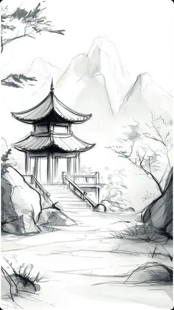 Sketch of a traditional pagoda in a serene mountainous landscape, surrounded by rocks and trees. Perfect for peaceful retreat themes.