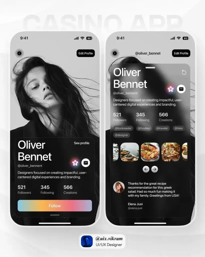 31eddbbd30c88dd22602380904a99ad7 Mobile app profile design for Oliver Bennet showcasing a modern, user-centered UI/UX with follower stats and visual content. | Sky Rye Design Mobile app profile design for Oliver Bennet showcasing a modern, user-centered UI/UX with follower stats and visual content.