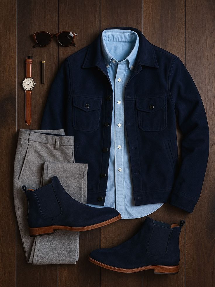 Men's outfit flat lay with navy jacket, light blue shirt, gray pants, navy boots, sunglasses, watch, and pen on wooden