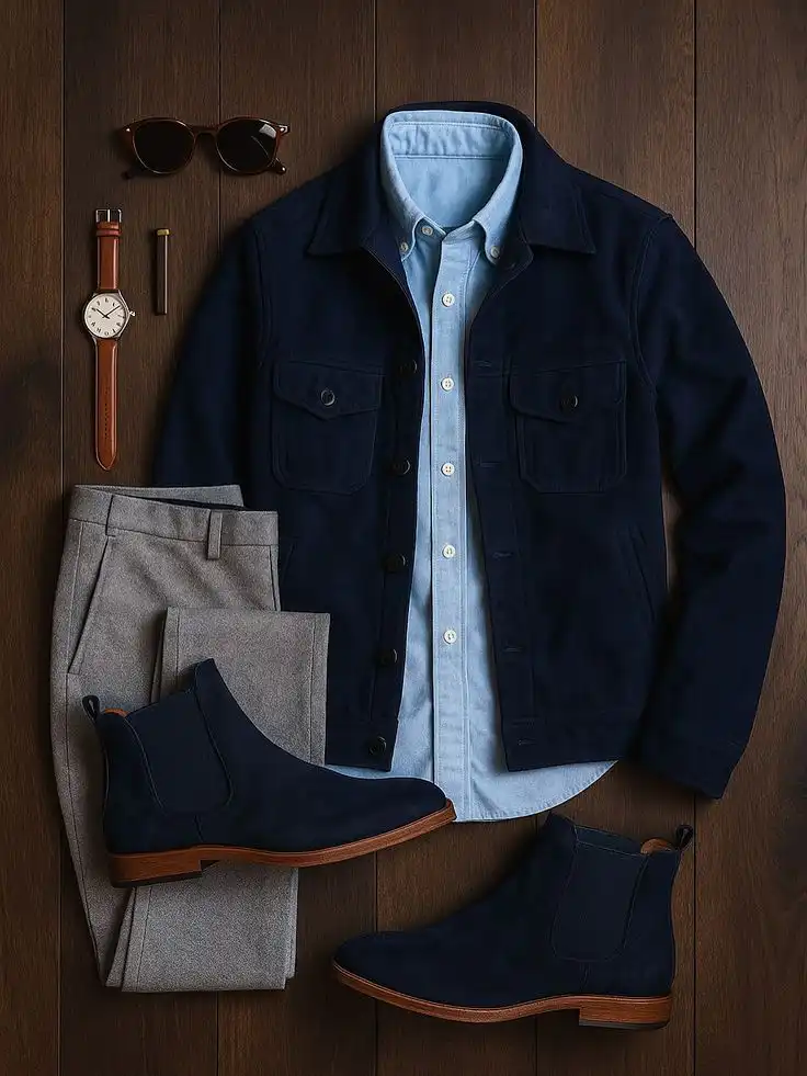Men's outfit flat lay with navy jacket, light blue shirt, gray pants, navy boots, sunglasses, watch, and pen on wooden