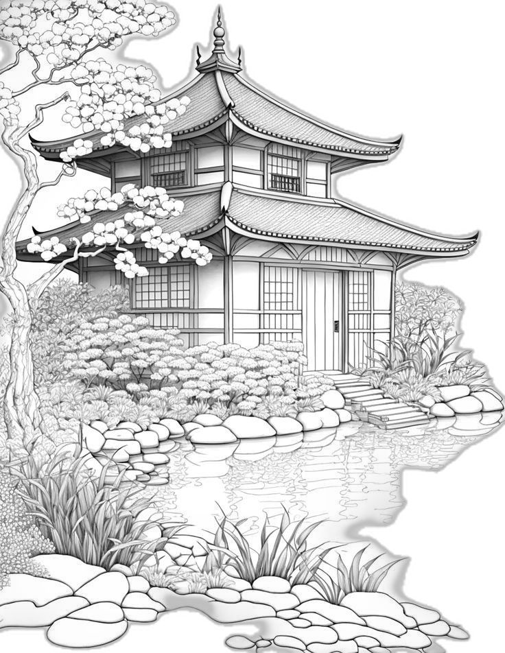 _ 32 Illustration of a traditional Japanese pagoda by a pond, surrounded by lush foliage and a serene garden setting. | Sky Rye Design Illustration of a traditional Japanese pagoda by a pond, surrounded by lush foliage and a serene garden setting.