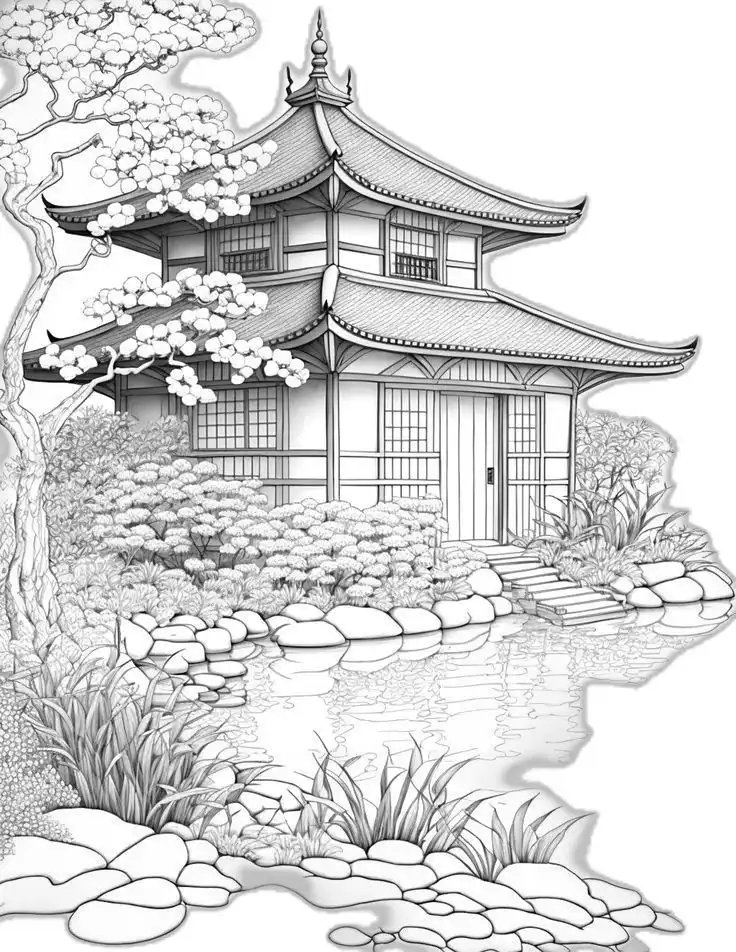 Illustration of a traditional Japanese pagoda by a pond, surrounded by lush foliage and a serene garden setting.