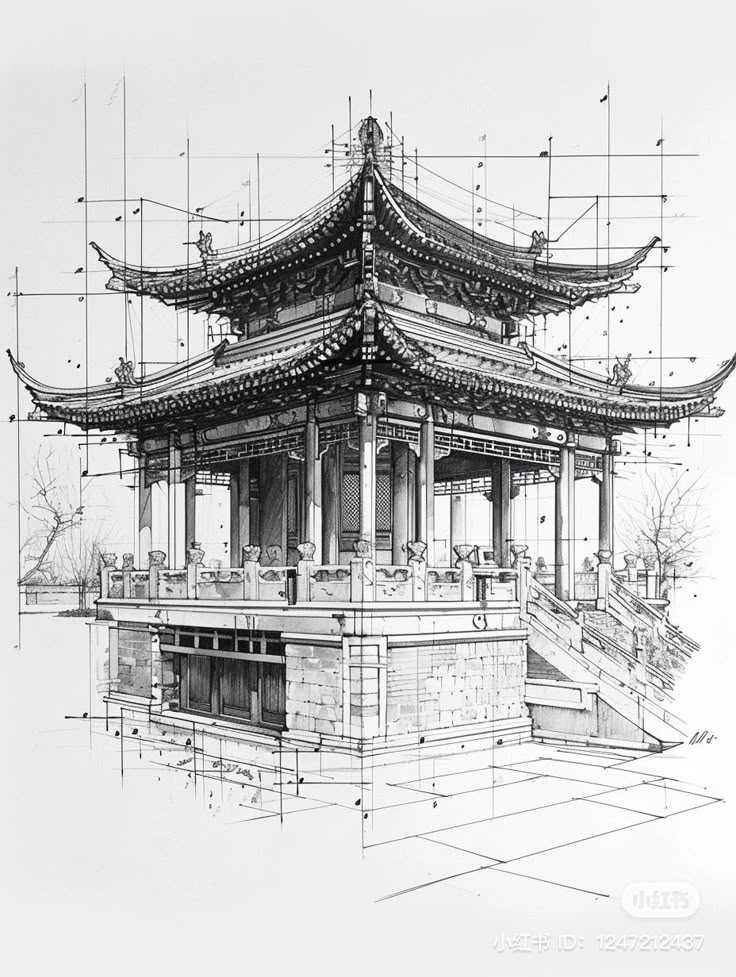 _ 33 Detailed architectural sketch of a traditional East Asian pavilion, showcasing intricate design and craftsmanship in grayscale. | Sky Rye Design Detailed architectural sketch of a traditional East Asian pavilion, showcasing intricate design and craftsmanship in grayscale.