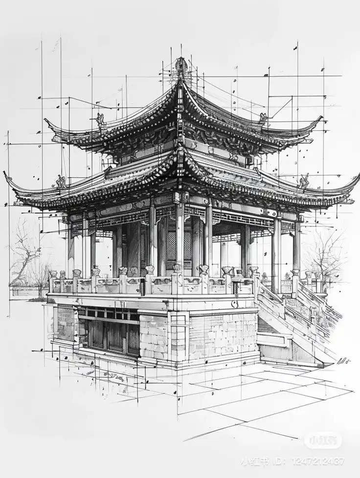Detailed architectural sketch of a traditional East Asian pavilion, showcasing intricate design and craftsmanship in grayscale.