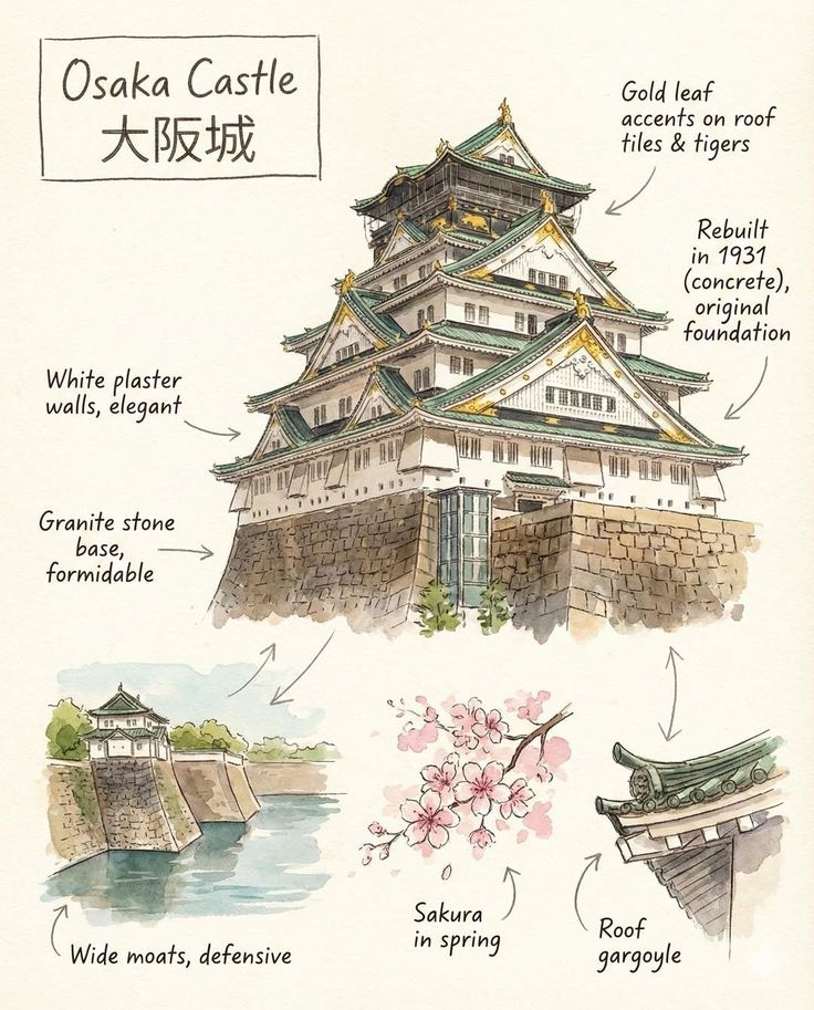 _ 34 Illustrated Osaka Castle features white plaster walls, gold leaf accents, granite base, wide moats, spring sakura, and a roof gargoyle. | Sky Rye Design Illustrated Osaka Castle features white plaster walls, gold leaf accents, granite base, wide moats, spring sakura, and a roof gargoyle.
