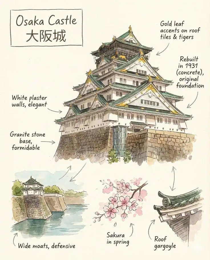 Illustrated Osaka Castle features white plaster walls, gold leaf accents, granite base, wide moats, spring sakura, and a roof gargoyle.