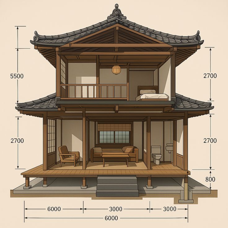 _ 36 Illustrated Japanese house design with traditional architecture, featuring two floors, dimensions, and wooden interiors. | Sky Rye Design Illustrated Japanese house design with traditional architecture, featuring two floors, dimensions, and wooden interiors.