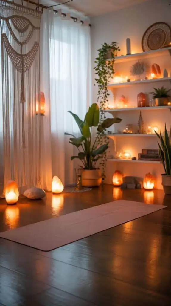 Cozy yoga space with mat, ambient lighting, and plants, creating a tranquil atmosphere for relaxation and meditation