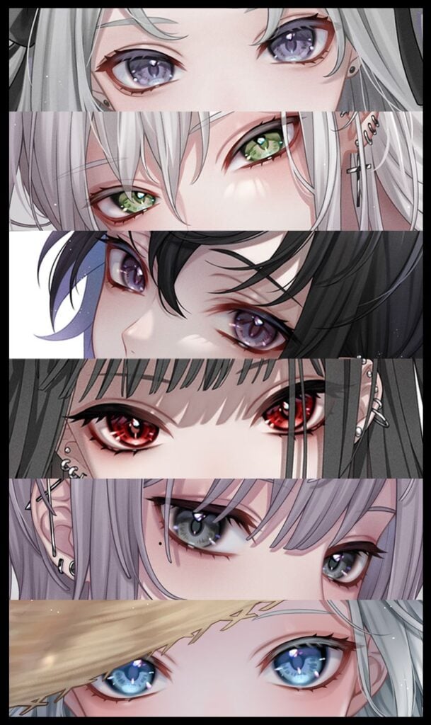 3892b8601f5fe592a71bb172a5453c94 Close-up of six anime eyes with diverse colors and styles, showcasing unique artistic expressions and detailed character design. | Sky Rye Design Close-up of six anime eyes with diverse colors and styles, showcasing unique artistic expressions and detailed character design.