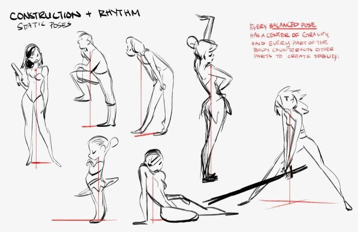 Illustration showing construction and rhythm in static poses, highlighting balance and center of gravity with sketch lines for stability.