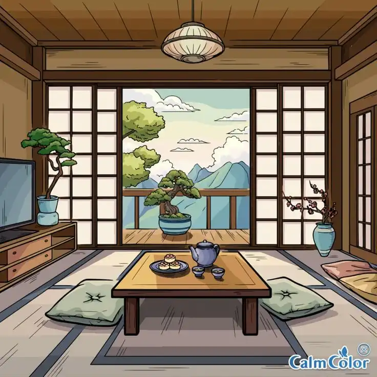 Japanese-inspired room with tatami mats, low table with tea set, and bonsai tree, overlooking a serene mountain landscape through sliding doors.