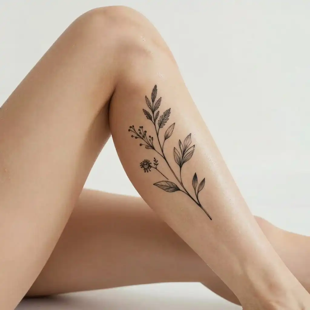 Minimalist floral tattoo on a woman's leg, featuring delicate leaves and blossoms in black ink.