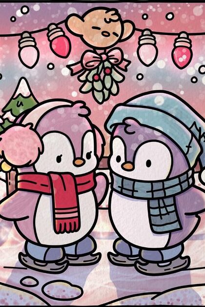 Jade Summer Cute penguins wearing winter accessories under festive lights and mistletoe, surrounded by snowy trees and a cozy holiday atmosphere. | Sky Rye Design Cute penguins wearing winter accessories under festive lights and mistletoe, surrounded by snowy trees and a cozy holiday atmosphere.