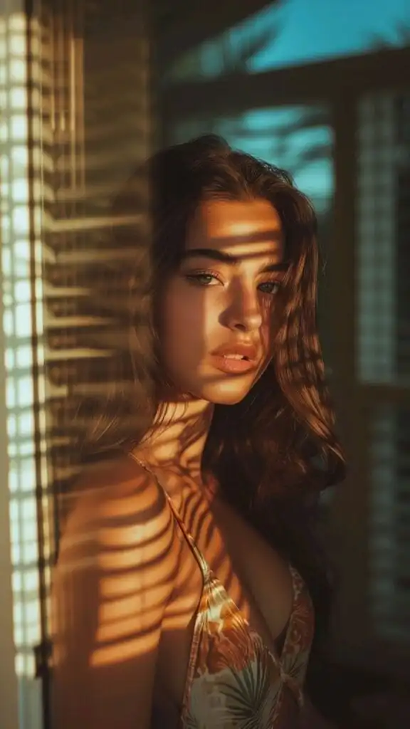 Young woman in sunlight with striped shadows, wearing a floral top, standing beside a window. Warm, serene ambiance highlighting her features.