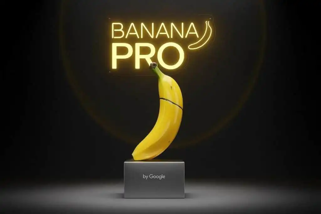 Creative Banana Pro concept by Google, showcasing a glowing banana sculpture atop a sleek pedestal against a dark backdrop.