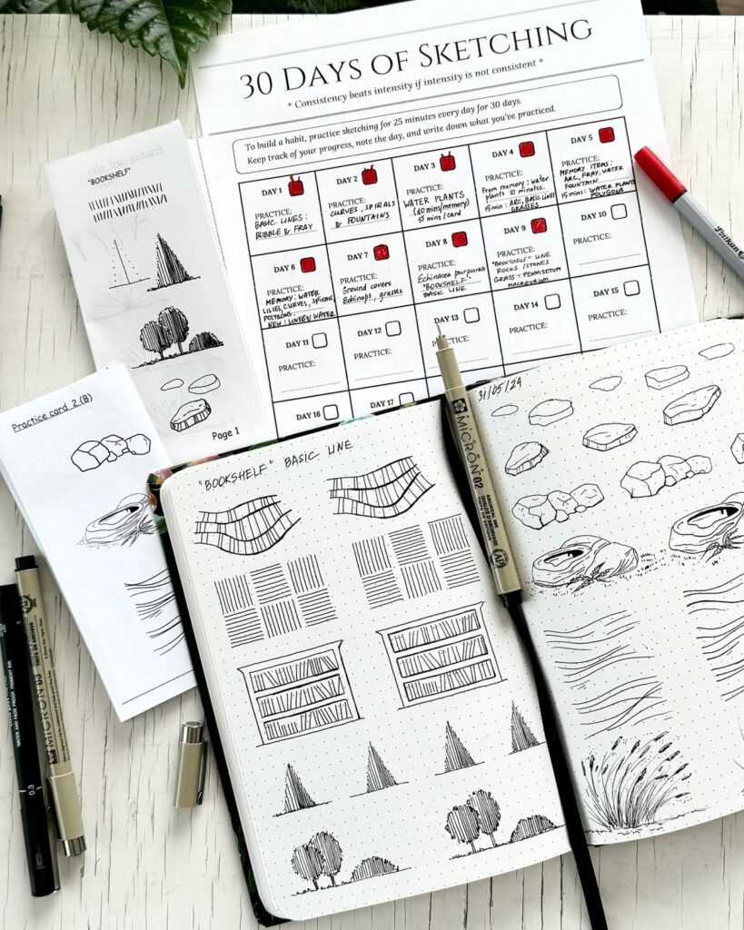 3e652ad47e4e3cddf602947616306a0c 30-day sketching challenge with practice sketches in a journal, featuring basic line exercises and patterns. Art supplies visible. | Sky Rye Design 30-day sketching challenge with practice sketches in a journal, featuring basic line exercises and patterns. Art supplies visible.