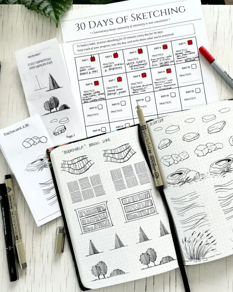 3e652ad47e4e3cddf602947616306a0c 30-day sketching challenge with practice sketches in a journal, featuring basic line exercises and patterns. Art supplies visible. | Sky Rye Design 30-day sketching challenge with practice sketches in a journal, featuring basic line exercises and patterns. Art supplies visible.