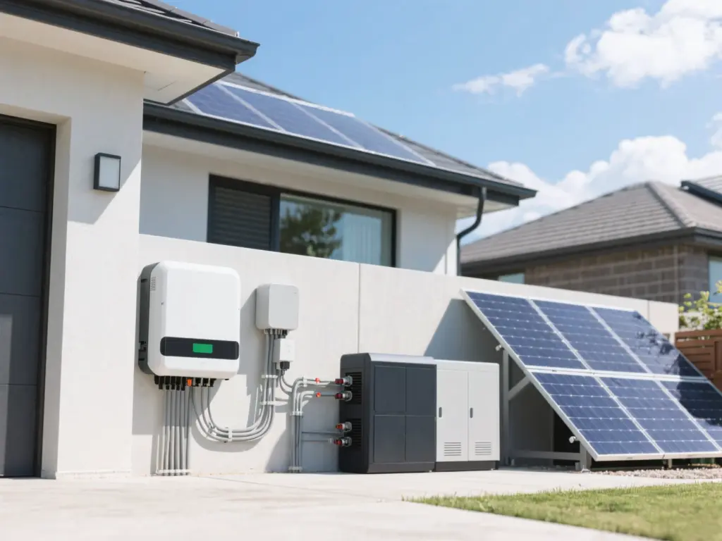 Modern home with rooftop and ground-mounted solar panels under a blue sky, showcasing sustainable energy solutions.