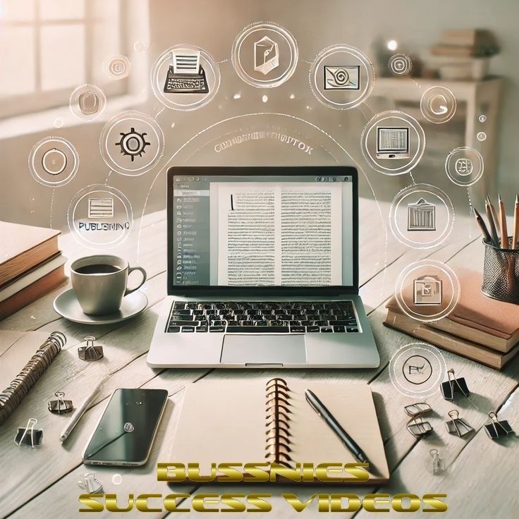 _ 4 Laptop with text on screen, surrounded by business icons, coffee, and stationery on a desk. Business success videos concept. | Sky Rye Design Laptop with text on screen, surrounded by business icons, coffee, and stationery on a desk. Business success videos concept.