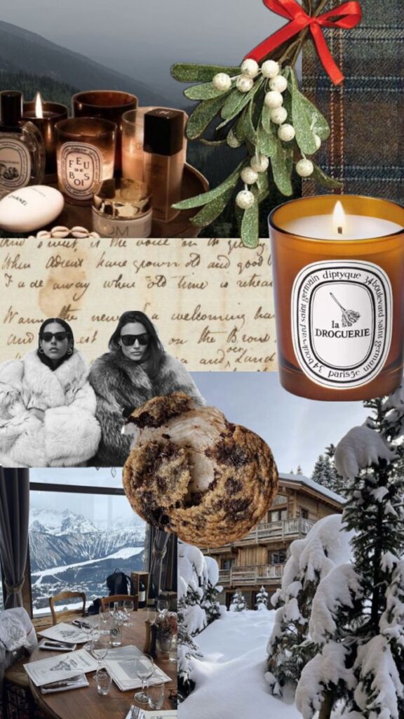 _ 4 Collage of winter luxury: scented candles, fur fashion, snowy chalet, cookies, and alpine dining, evoking cozy and festive vibes. | Sky Rye Design Collage of winter luxury: scented candles, fur fashion, snowy chalet, cookies, and alpine dining, evoking cozy and festive vibes.