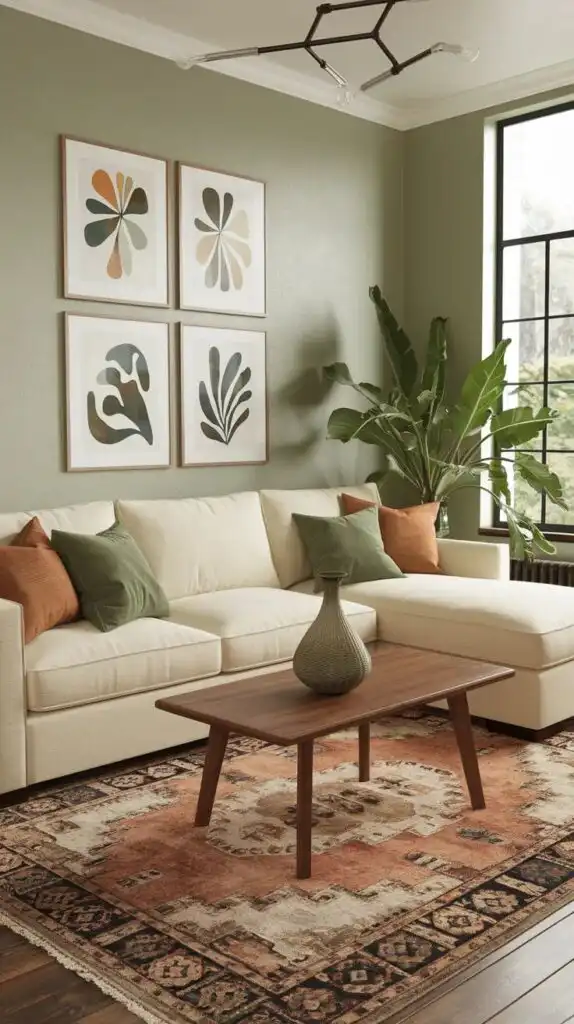 40+ Small Living Room Design Ideas_ Maximize Space in Style Stylish living room with cream sofa, green cushions, abstract art, and indoor plants, featuring a wooden coffee table and ornate rug. | Sky Rye Design Stylish living room with cream sofa, green cushions, abstract art, and indoor plants, featuring a wooden coffee table and ornate rug.