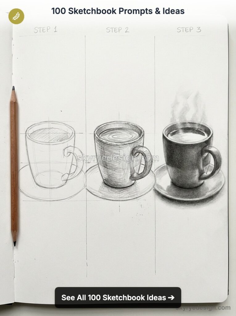 Sketchbook page with step-by-step pencil progression of a coffee cup drawing from outline to realistic shaded cup