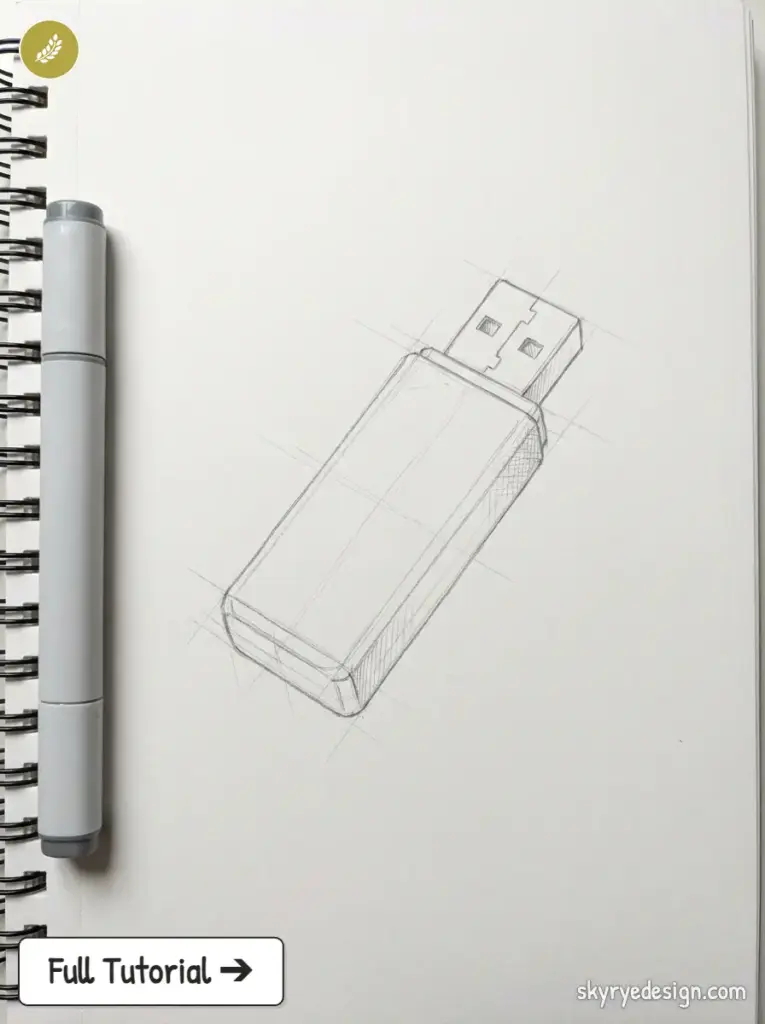 USB flash drive pencil sketch on spiral sketchbook page with marker and 'Full Tutorial' badge