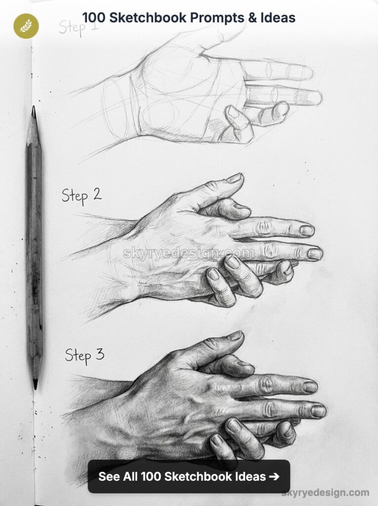 Step-by-step pencil sketch tutorial in a sketchbook: three stages of realistic hand drawings with a pencil.