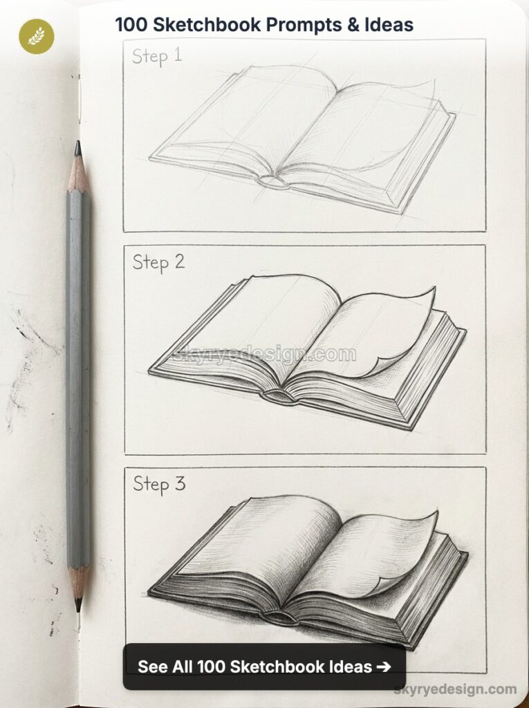 100 Sketchbook Prompts: three-step pencil tutorial showing progressive sketches of an open book with pencil at left