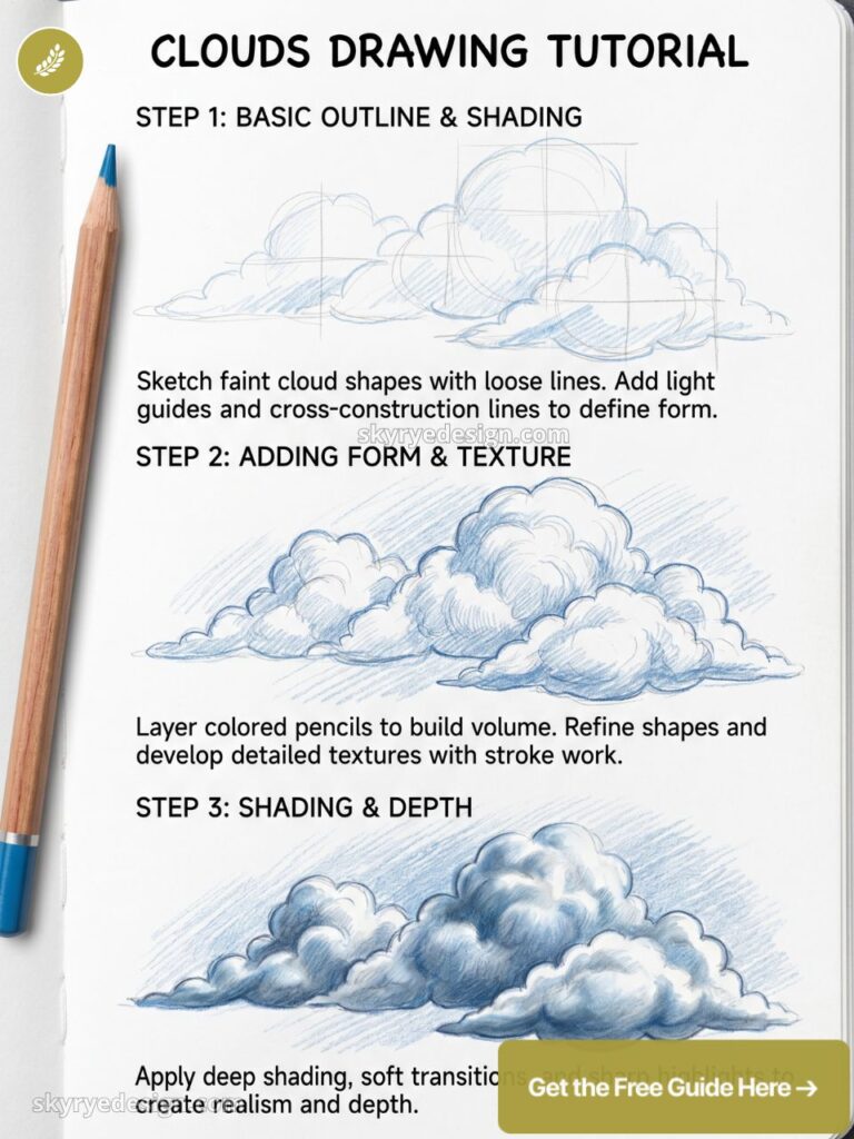 Clouds drawing tutorial infographic showing step-by-step pencil sketches: outline, form & texture, then shading for depth.