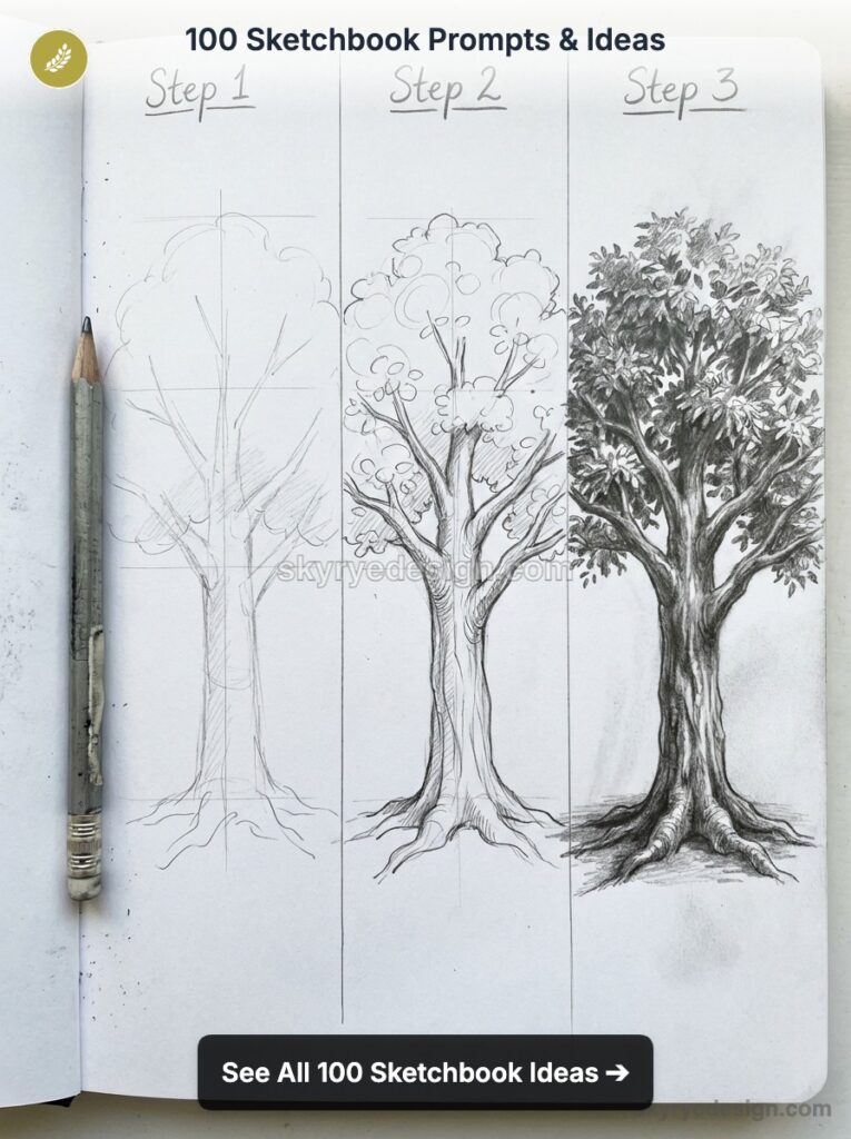Step-by-step pencil tree sketch in sketchbook: rough outline, refined lines, and fully shaded detailed tree.