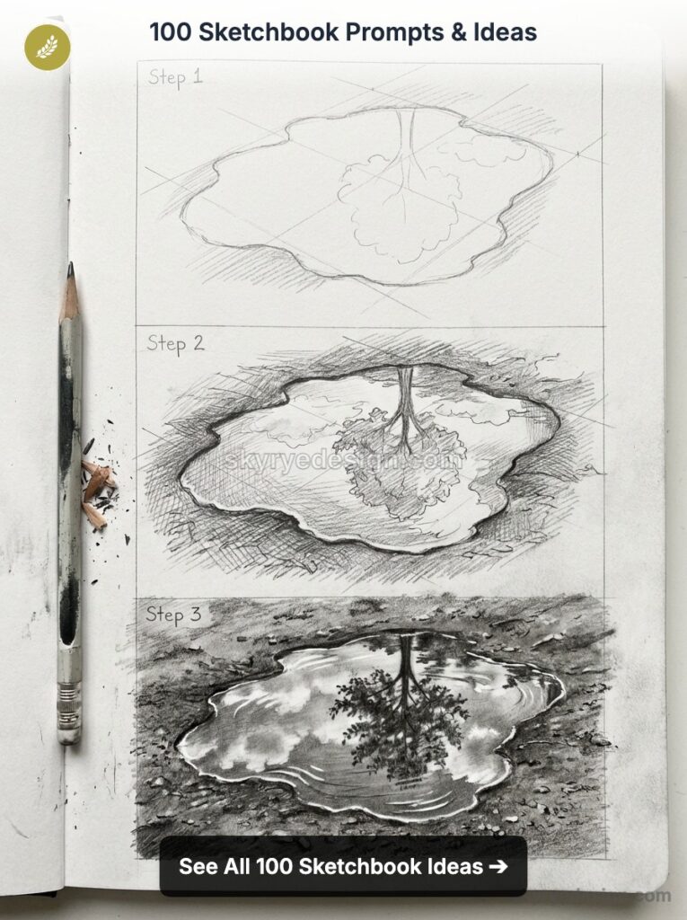 100 Sketchbook Prompts: step-by-step pencil tutorial of a tree reflection in a puddle sketch, shown with pencil and shavings