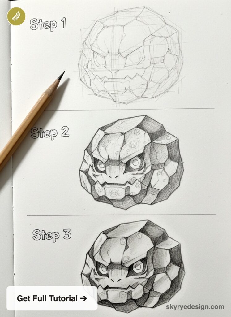 Step-by-step pencil tutorial showing three stages of drawing a shaded rocky monster head sketch.