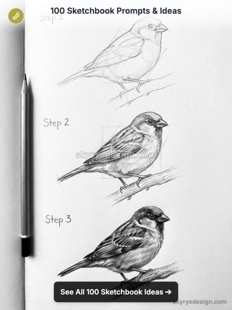Step-by-step pencil sparrow sketch tutorial showing three drawing stages of a bird on a branch with a pencil