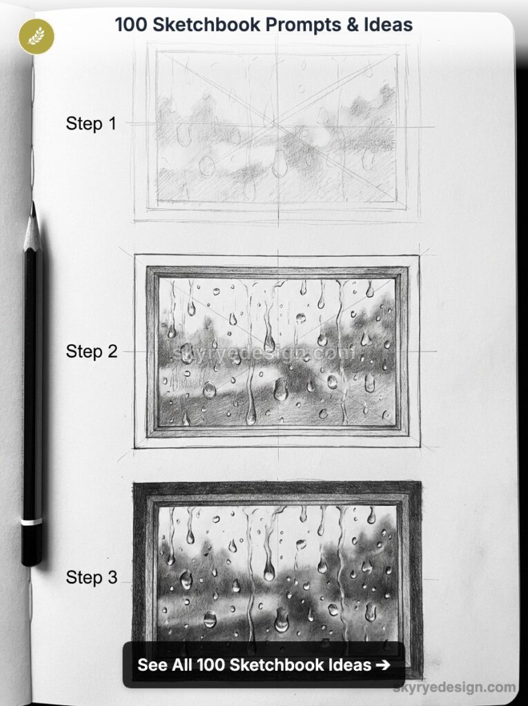 Three-step pencil sketch of raindrops on a window in a sketchbook, with a pencil and header 100 Sketchbook Prompts & Ideas
