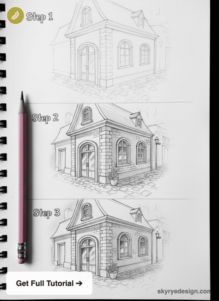 Three-step pencil sketch tutorial of a small cottage building in a sketchbook, pink pencil beside drawings.