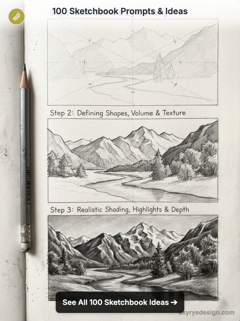 Pencil step-by-step landscape sketches of mountains and river in a sketchbook — 100 sketchbook prompts
