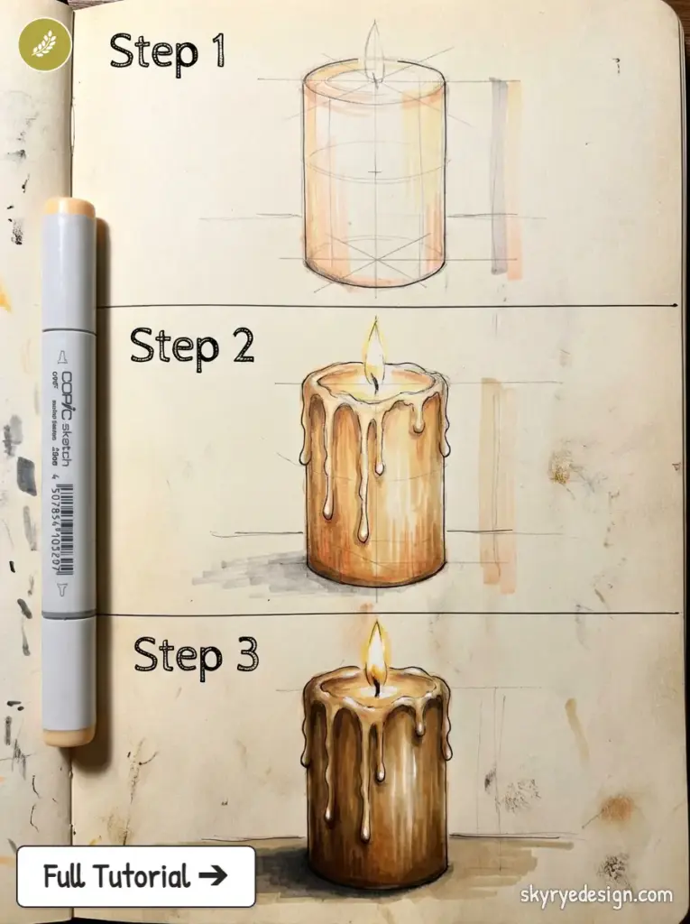 Sketchbook candle drawing tutorial: three-step guide from basic cylinder sketch to shaded, lit wax candle with marker