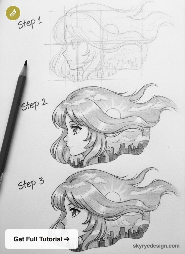 Step-by-step pencil drawing tutorial: anime girl profile with flowing hair containing city skyline, three stages