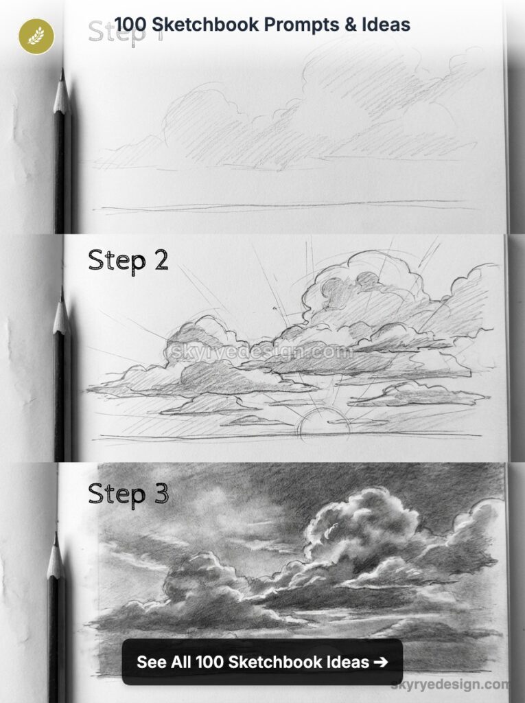 Step-by-step pencil cloud sketch tutorial in a sketchbook showing outline, mid-tones and final shaded dramatic clouds.
