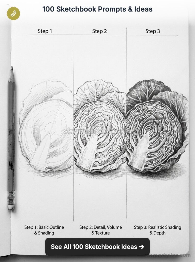 Step-by-step pencil sketch of halved cabbage in sketchbook showing outline, texture, volume and realistic shading