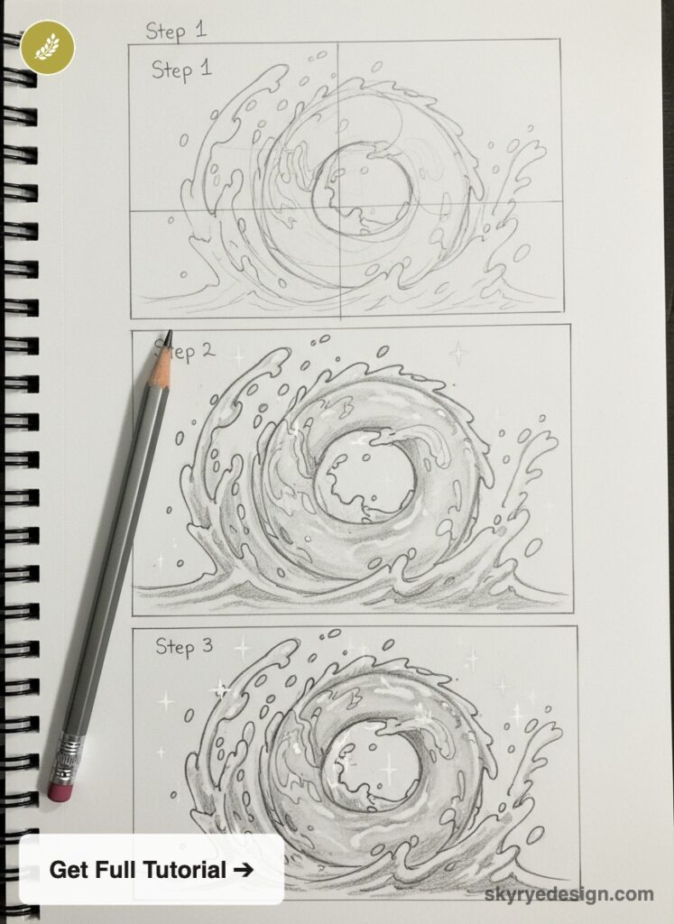 Step-by-step pencil sketch tutorial of a swirling ocean wave in a spiral sketchbook with pencil