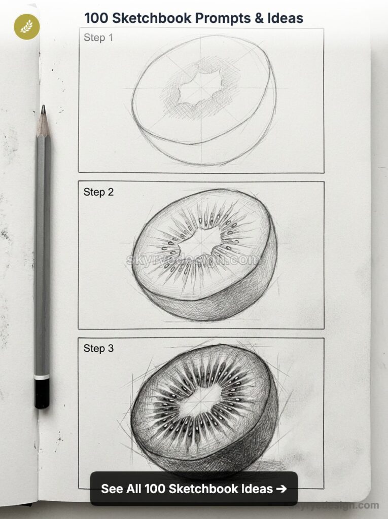 Kiwi drawing tutorial: step-by-step pencil sketch of a kiwi half in a sketchbook — 3-stage sketch prompt