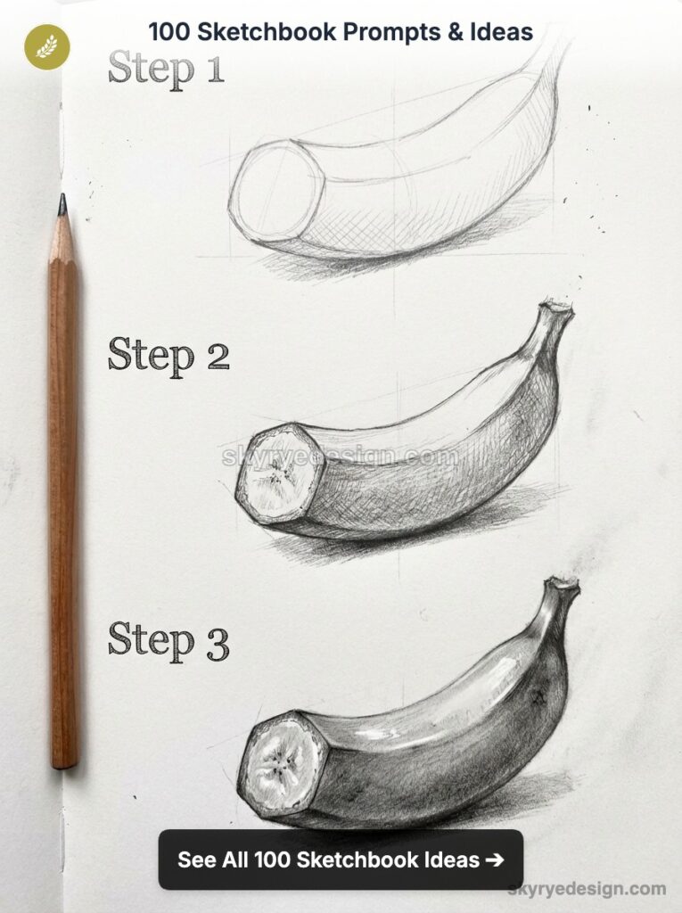 Pencil banana sketch tutorial — step-by-step sketchbook drawing showing construction, shading and highlights