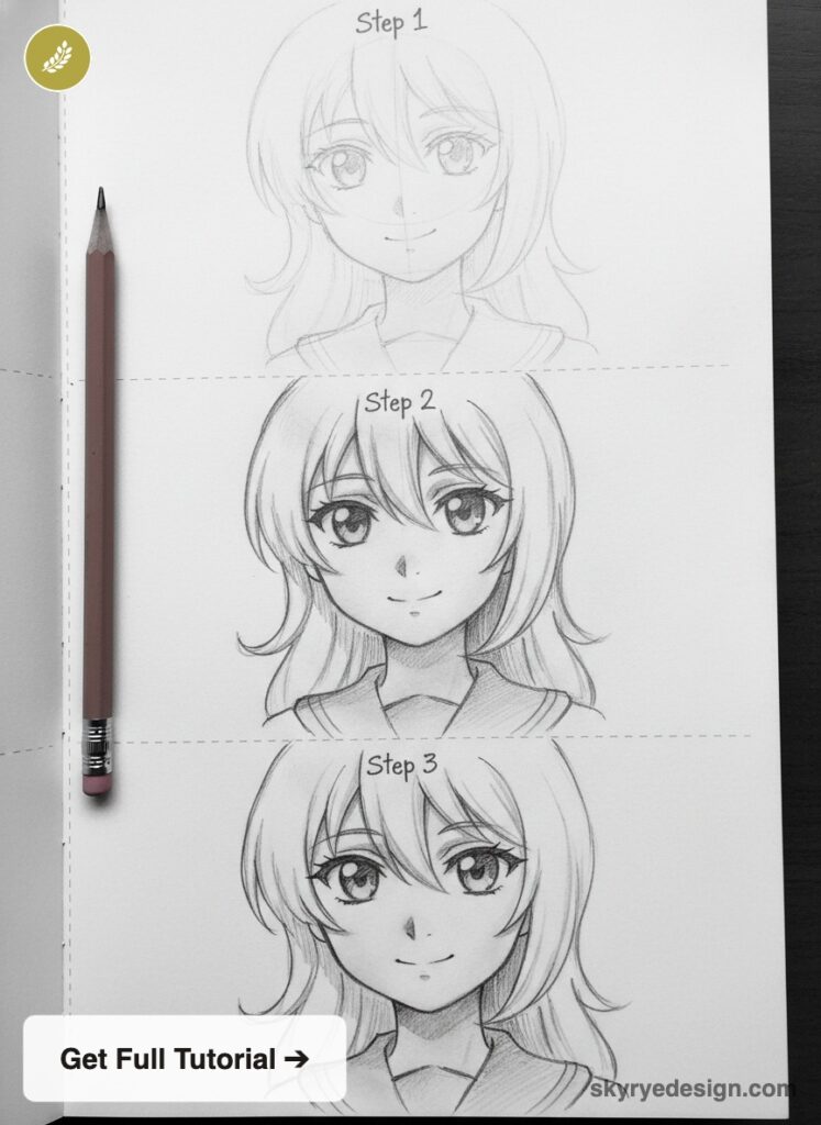 Three-step pencil tutorial showing drawing an anime/manga girl portrait, progression from rough sketch to detailed shading.