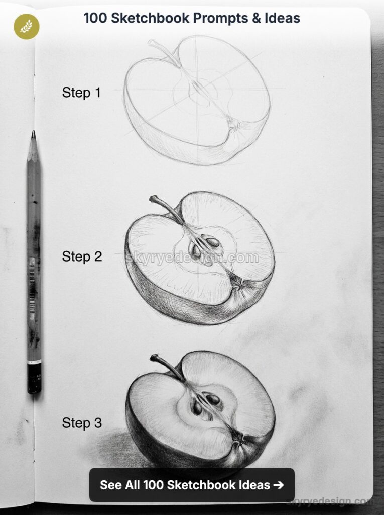 Pencil sketch tutorial: three-step halved apple drawing on sketchbook page with pencil
